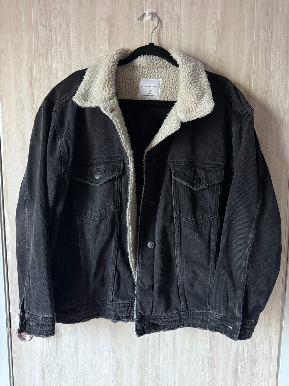 Celebrity Pink Black Denim Jacket with Cream Sherpa Lining